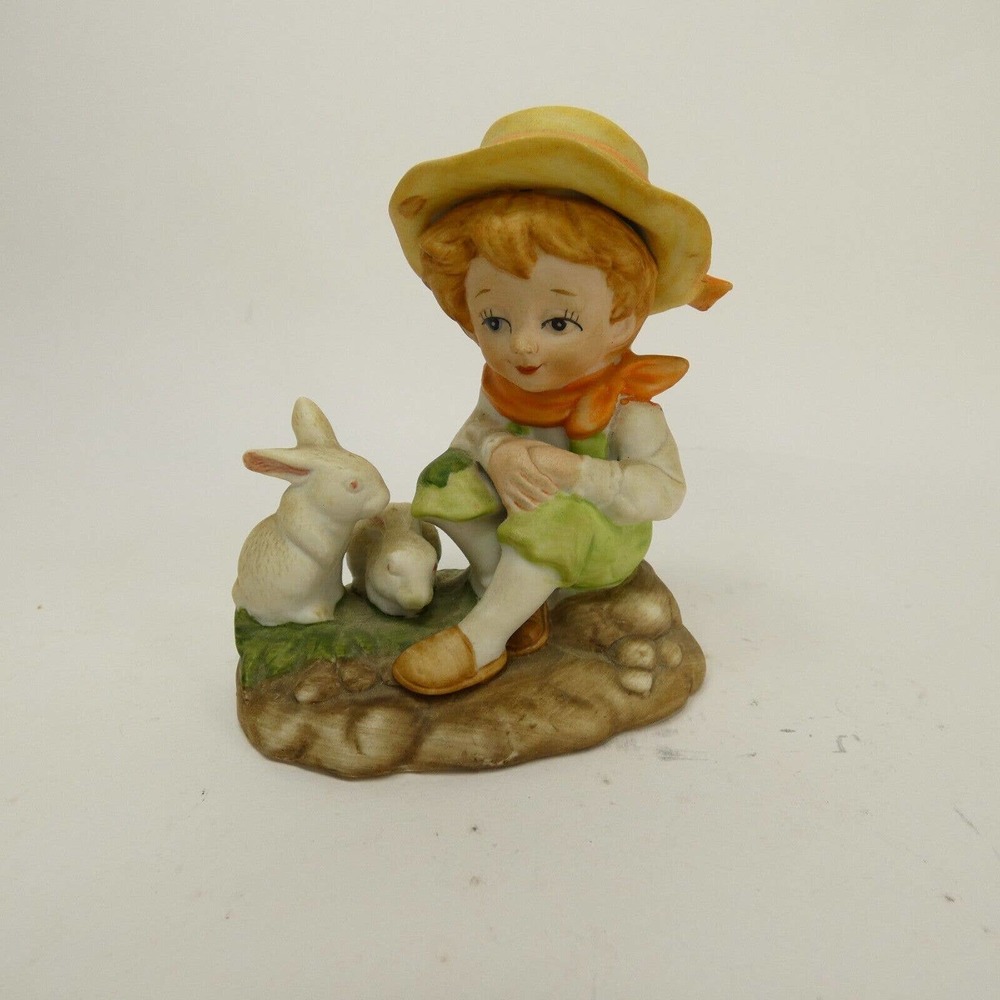 Lefton Sitting Boy White Bunny Rabbits Figurine Hat Ceramic Easter 3” WWKD1